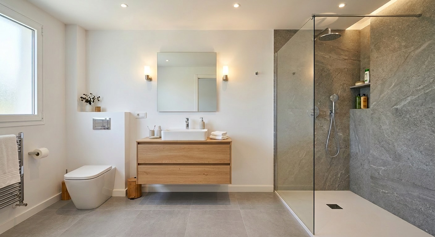Baño principal con ducha y madera