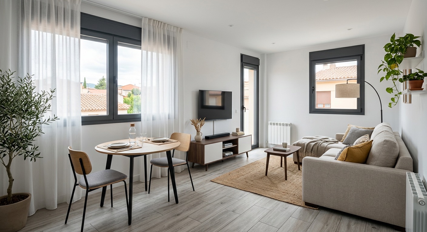 Salón con mesa y vistas urbanas